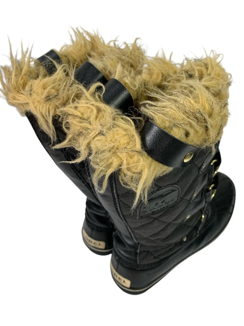 Sorel Tofino Canvas Winter Waterproof Lace Up Black Boots Faux Fur TanTrim 9.5